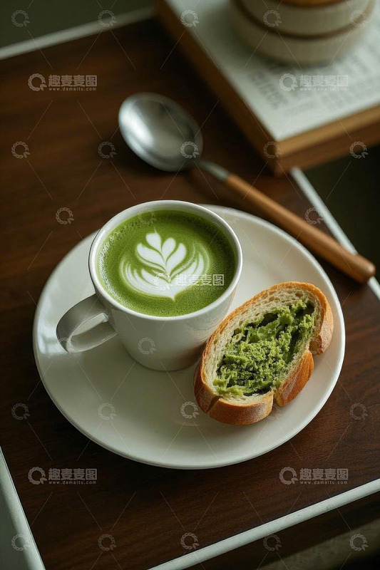 木桌上的抹茶拿铁与抹茶面包