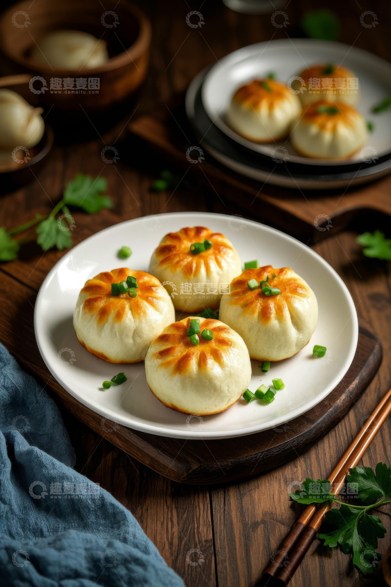 高清大图下载【趣麦麦图】木桌上摆盘的美味鲜肉包