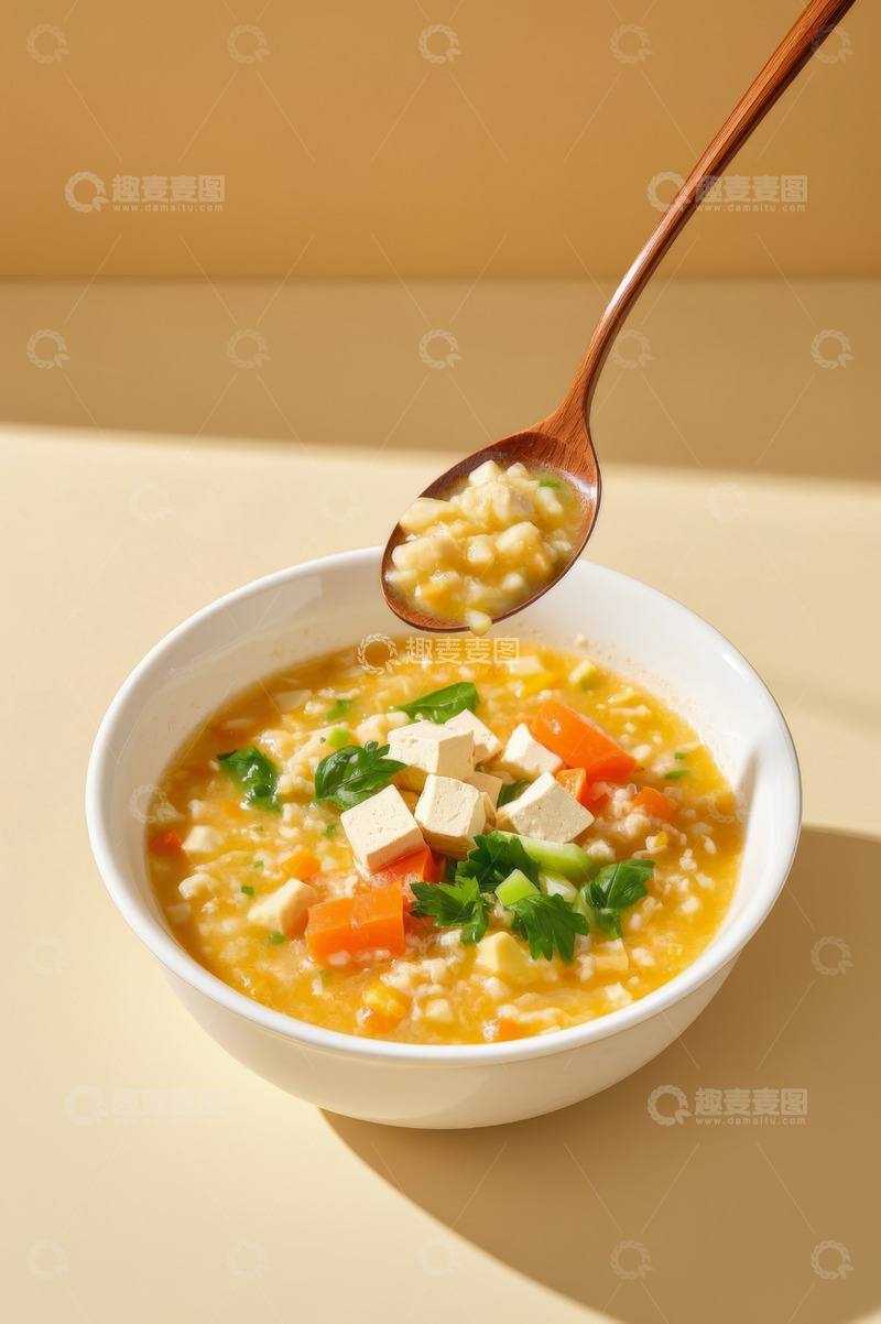 高清大图下载【趣麦麦图】木勺盛起蔬菜豆腐汤