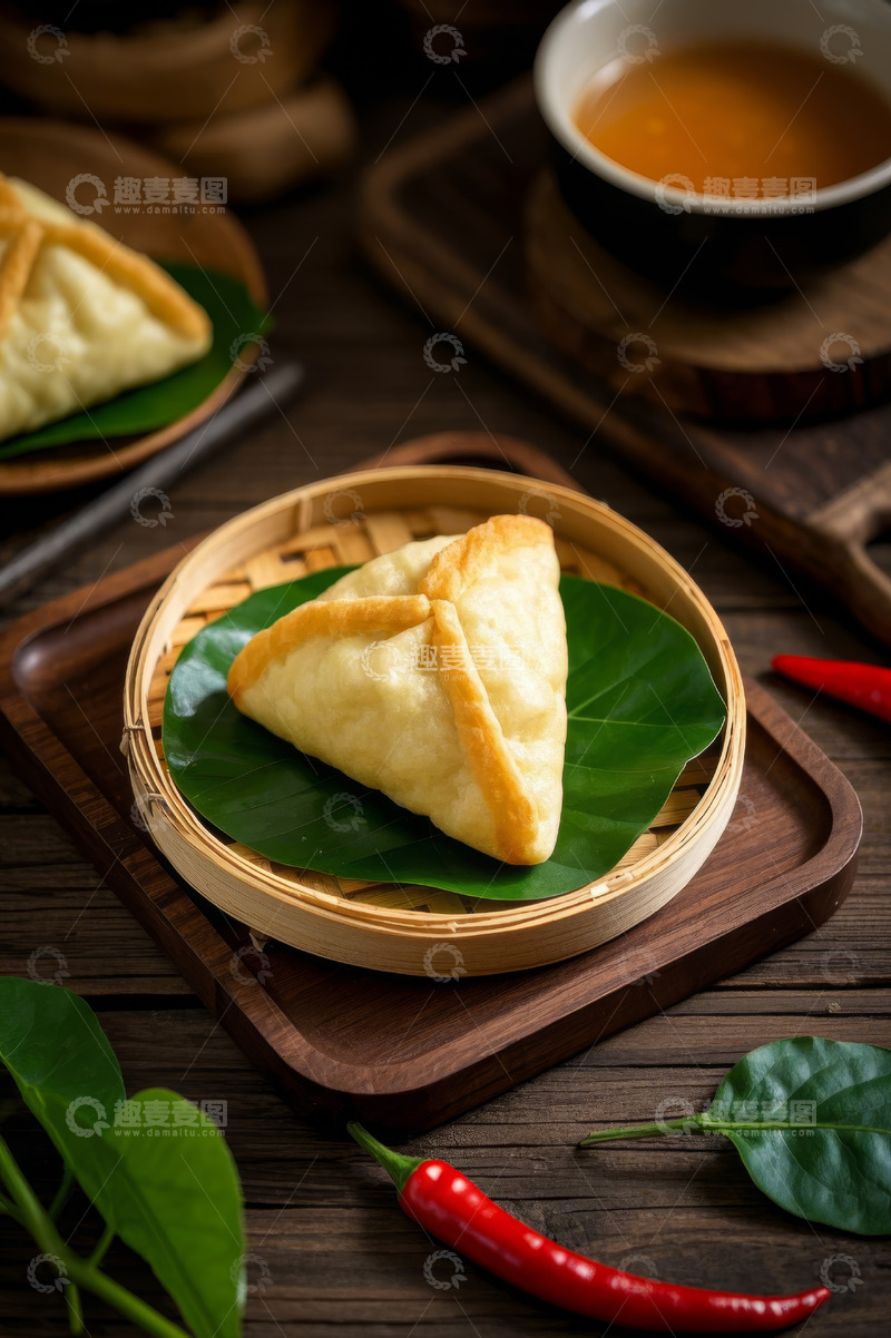 高清大图下载【趣麦麦图】竹制托盘上的美味三角点心