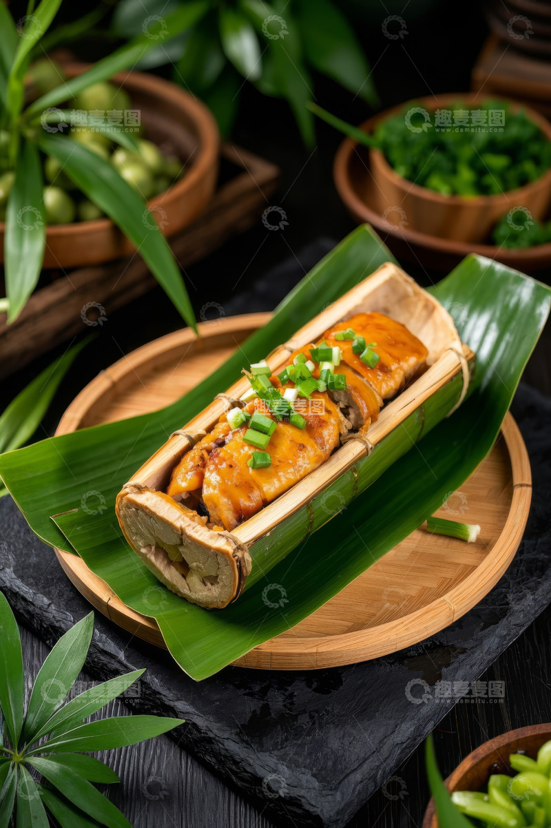 高清大图下载【趣麦麦图】竹筒装烤鸡肉美食特写
