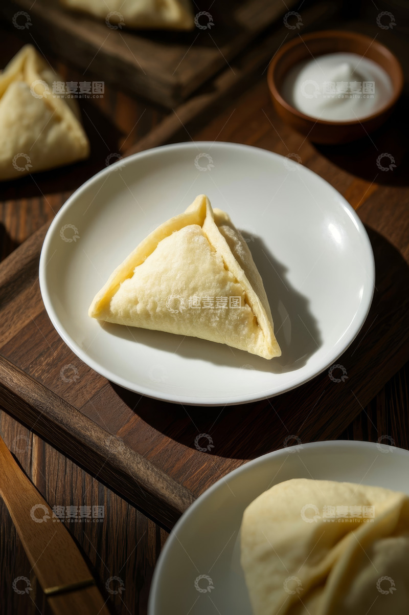 高清大图下载【趣麦麦图】木盘上的美味三角饺