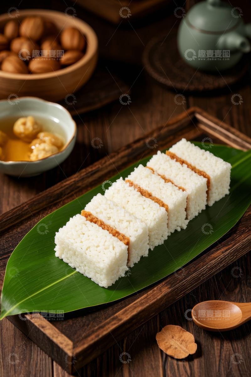 高清大图下载【趣麦麦图】竹叶上摆放的米糕美食