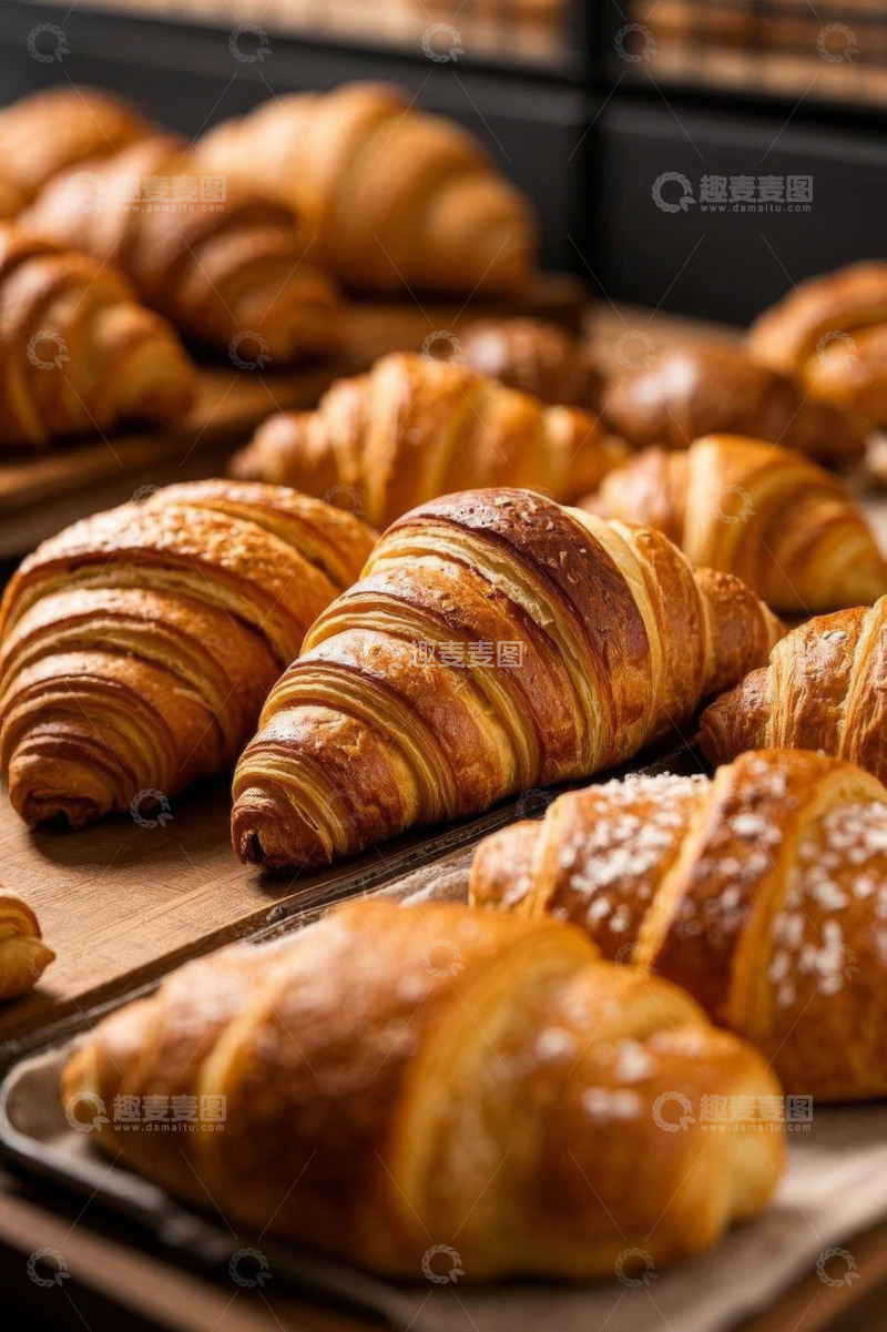 高清大图下载【趣麦麦图】烘焙店内摆放的美味牛角面包