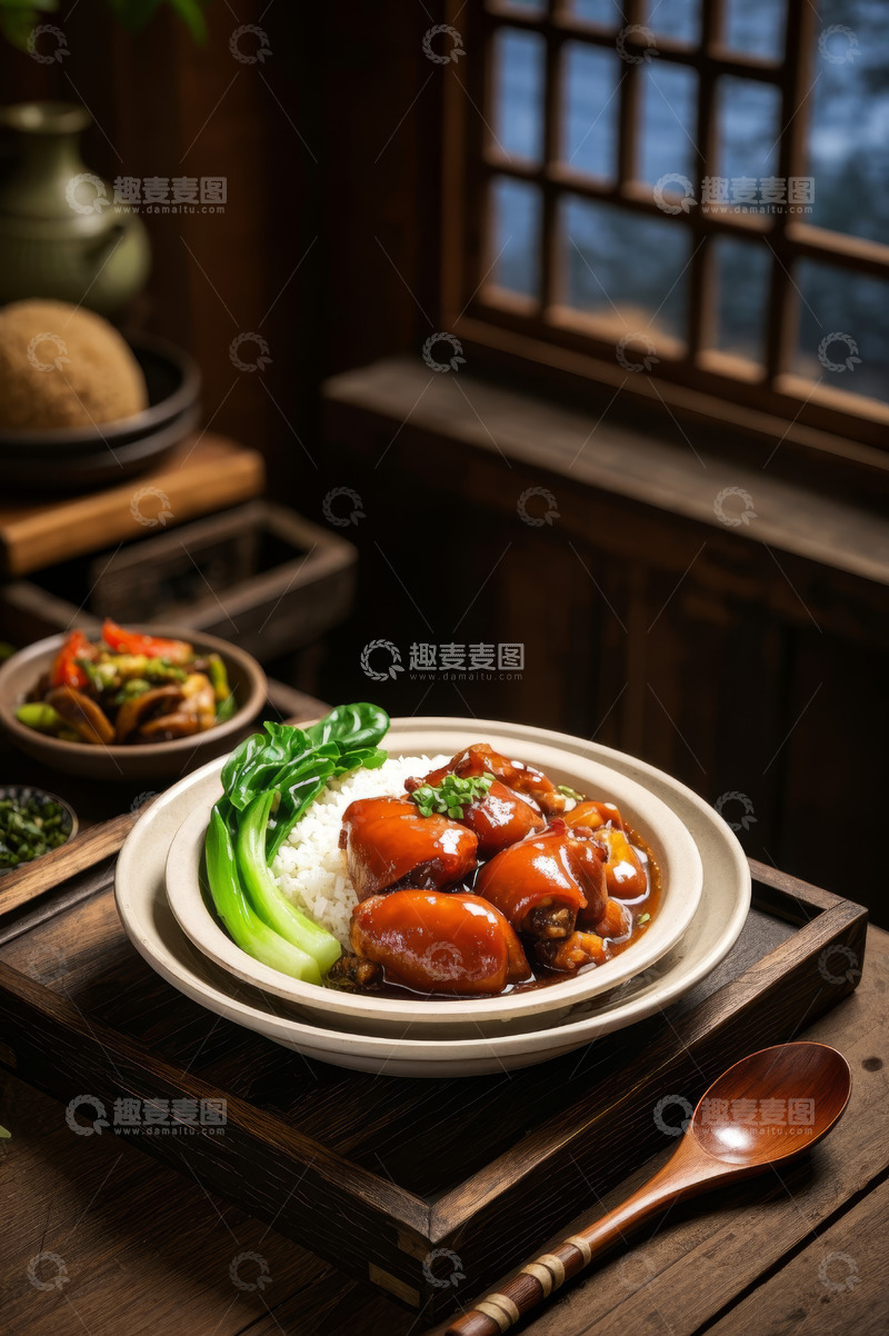 高清大图下载【趣麦麦图】中式风格餐盘中的红烧猪蹄盖饭