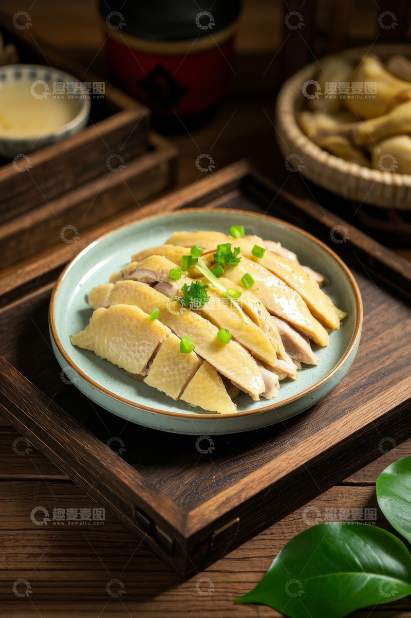 高清大图下载【趣麦麦图】木盘上的切好的鸡肉美食