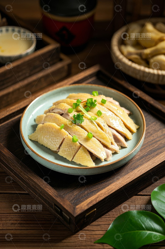 木盘上的切好的鸡肉美食