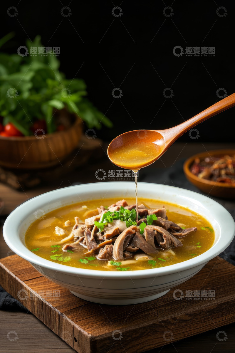 高清大图下载【趣麦麦图】木勺舀汤的美味牛杂汤