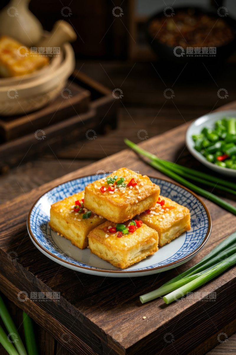 高清大图下载【趣麦麦图】中式摆盘的煎豆腐美食