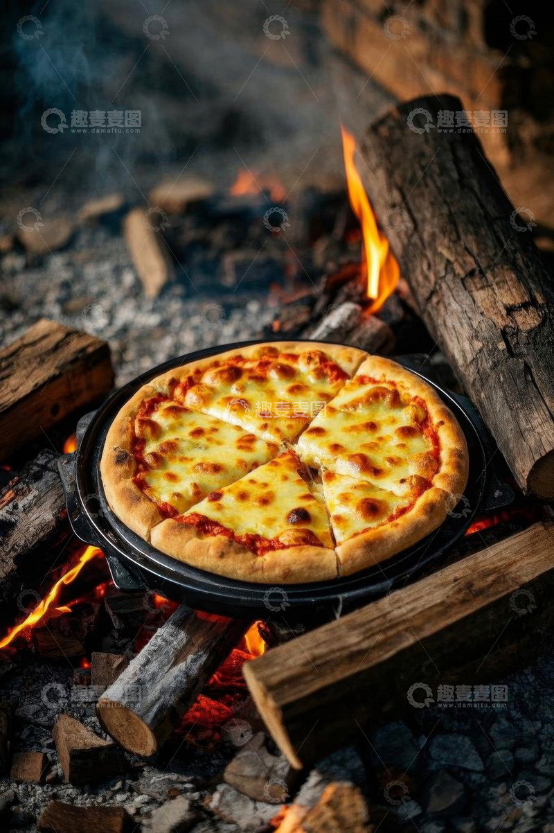 高清大图下载【趣麦麦图】篝火上烤制的美味奶酪比萨