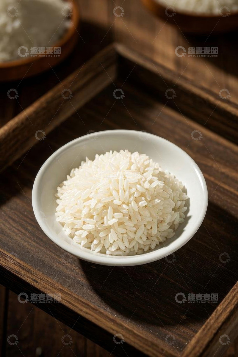 高清大图下载【趣麦麦图】木托盘上白瓷碗装的大米