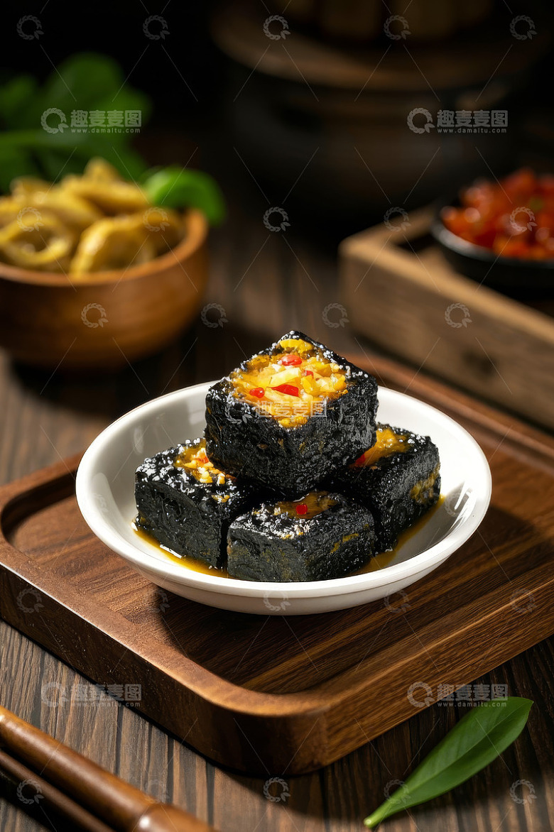 木盘上的美味臭豆腐