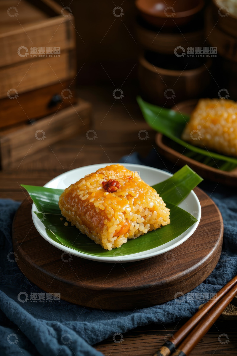 高清大图下载【趣麦麦图】方形粽子摆放在木盘上