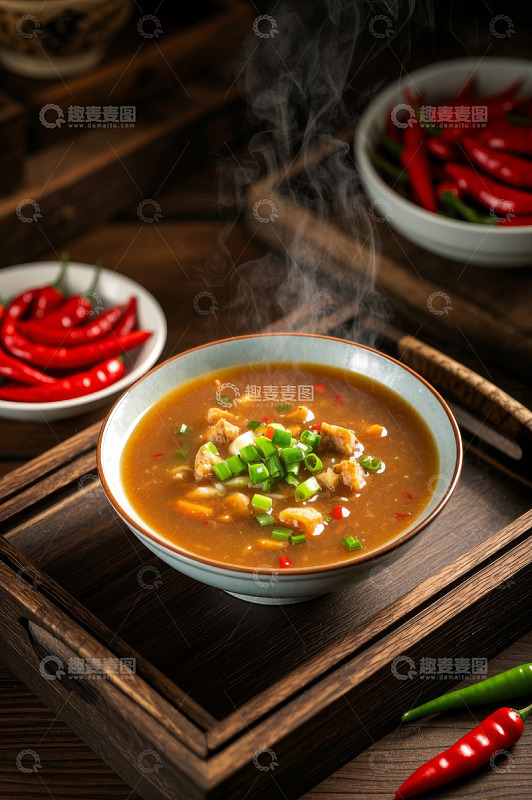 木托盘上的热气腾腾的汤品