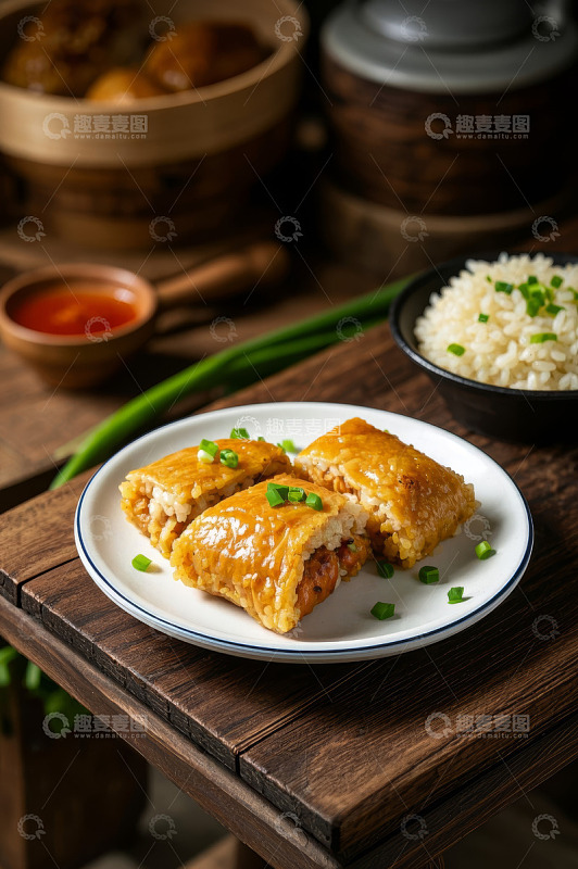 中式美食鸡肉糯米卷摆盘