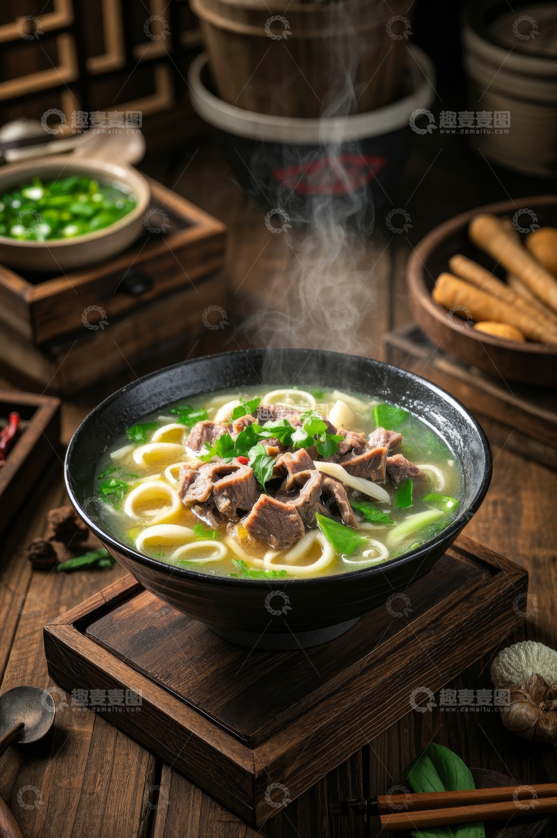 高清大图下载【趣麦麦图】木桌上热气腾腾的牛肉面条