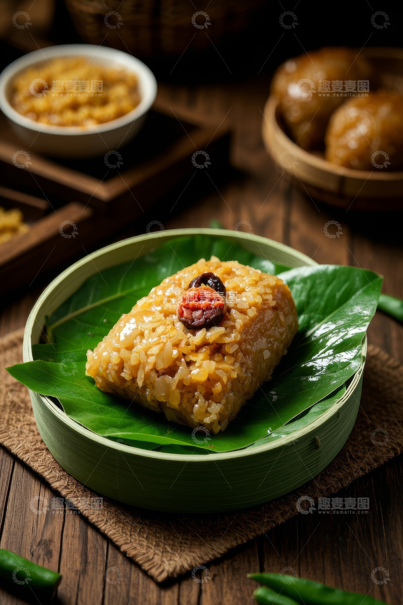 高清大图下载【趣麦麦图】竹制容器中的传统美味粽子