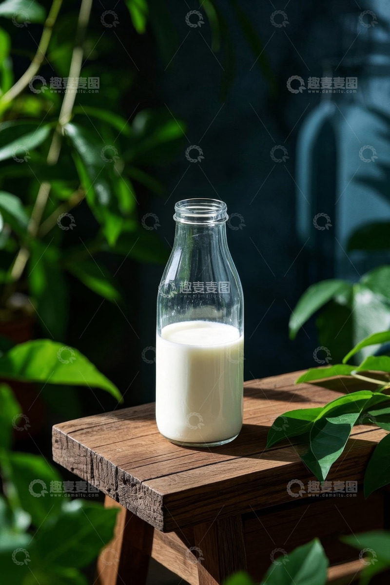 高清大图下载【趣麦麦图】木桌上玻璃瓶中的牛奶