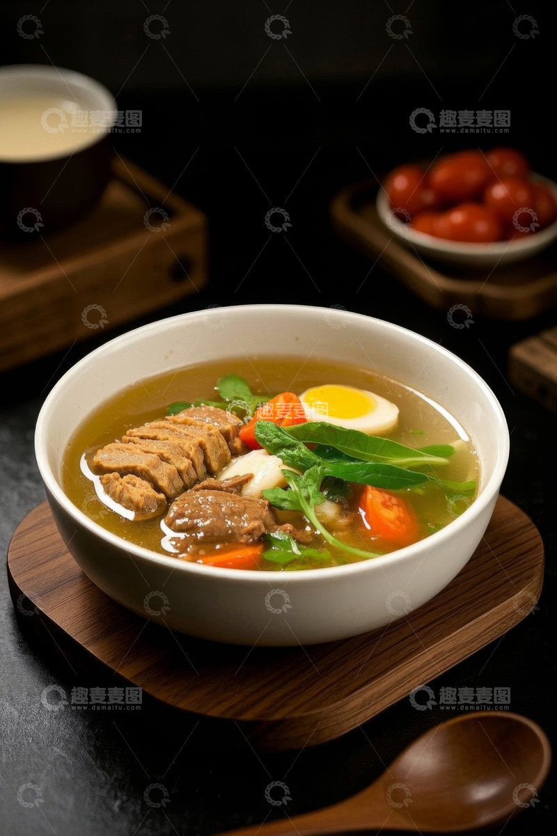 高清大图下载【趣麦麦图】白色碗装牛肉蔬菜汤美食