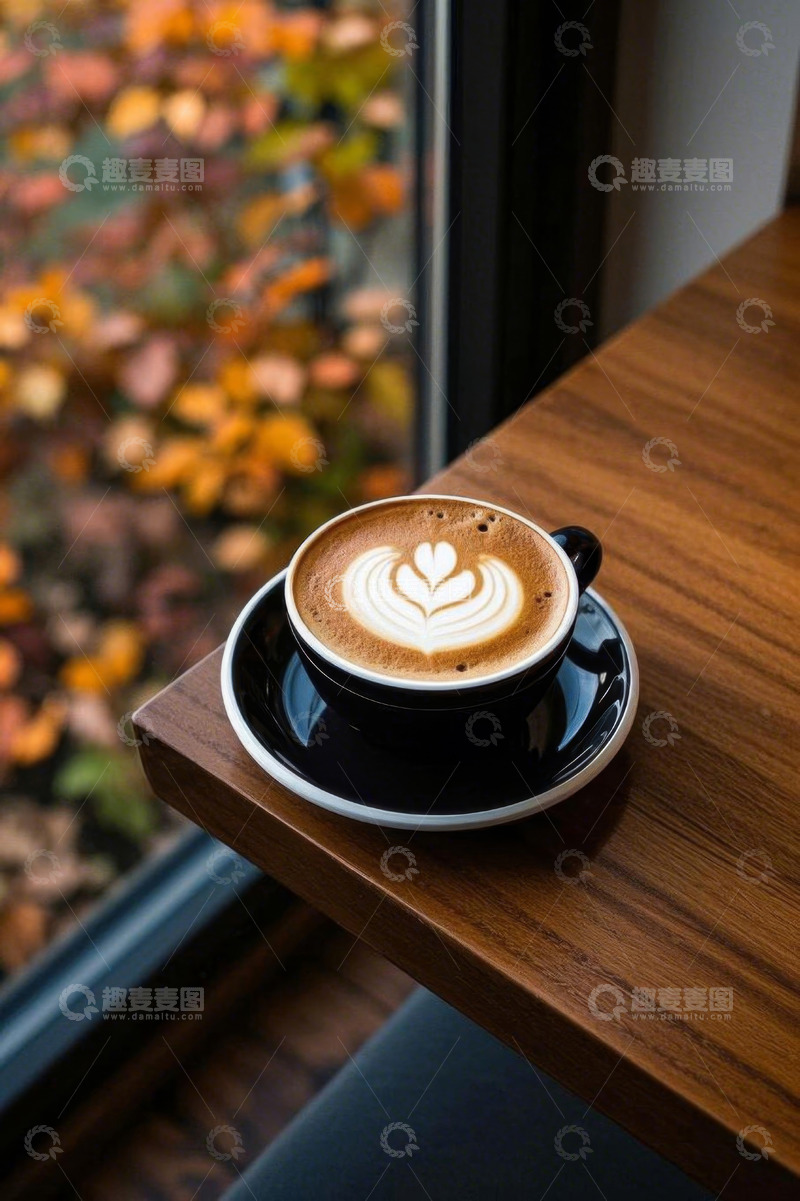 高清大图下载【趣麦麦图】窗边木桌上的拉花咖啡