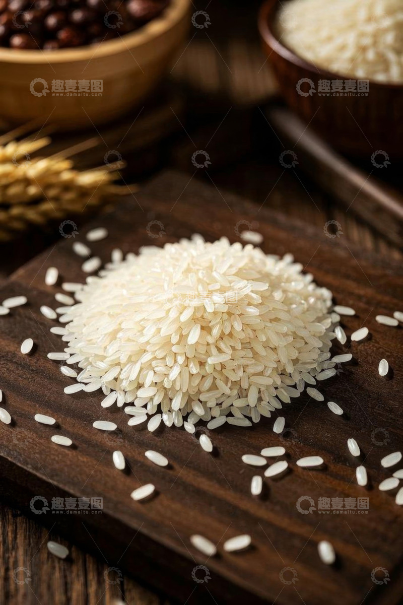 高清大图下载【趣麦麦图】木盘上的白米及谷物特写