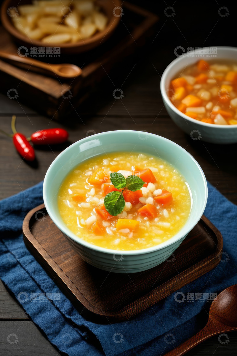 高清大图下载【趣麦麦图】木桌摆放的蔬菜粥与配菜