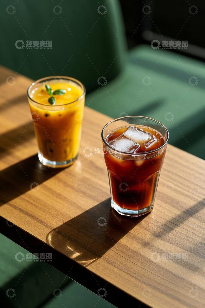 高清大图下载【趣麦麦图】木桌上的两杯冰镇饮料