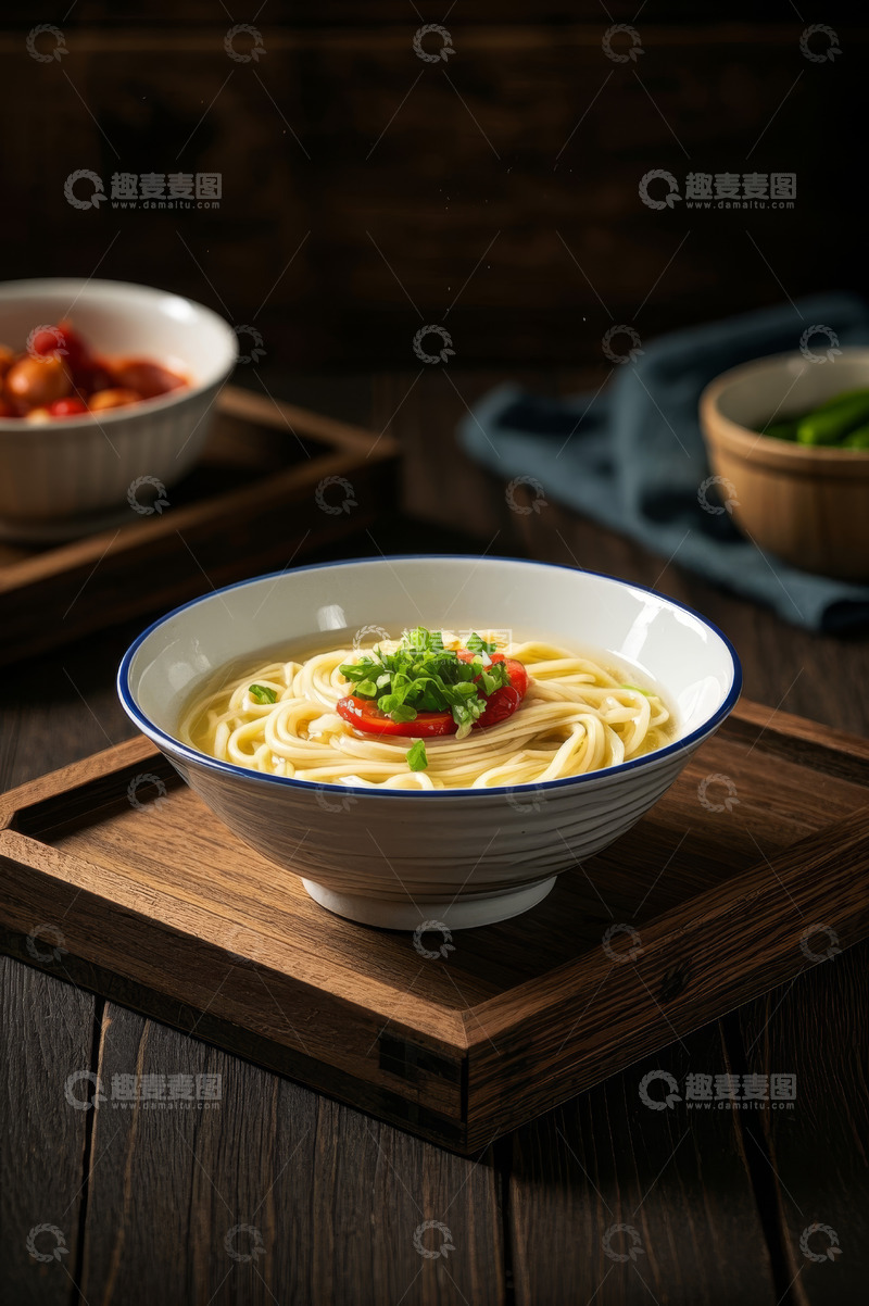 高清大图下载【趣麦麦图】木盘上的一碗美味面条