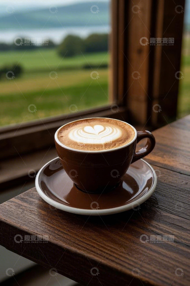高清大图下载【趣麦麦图】窗边木桌上的拉花咖啡