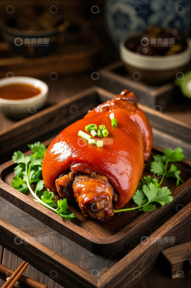 高清大图下载【趣麦麦图】木盘上的红烧猪蹄美食