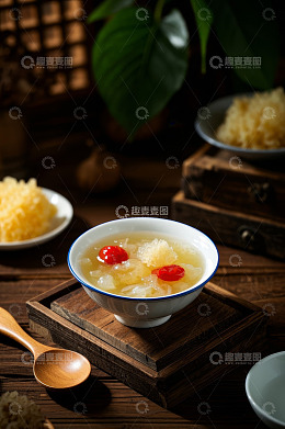 中式木桌银耳羹特写