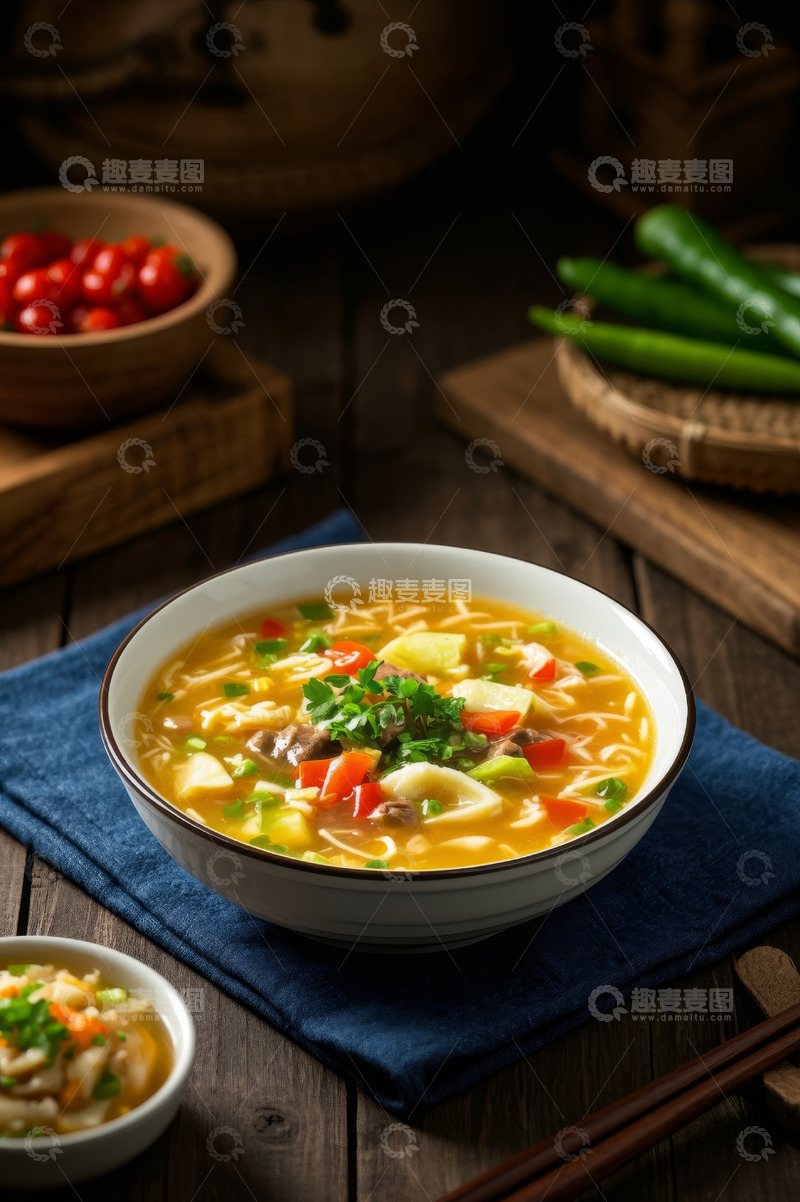 高清大图下载【趣麦麦图】木桌摆放大碗美味蔬菜汤