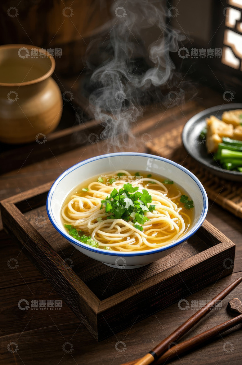 中式碗装热汤面美食特写