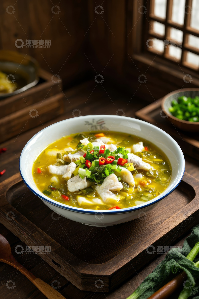高清大图下载【趣麦麦图】木托盘上的一碗酸菜鱼