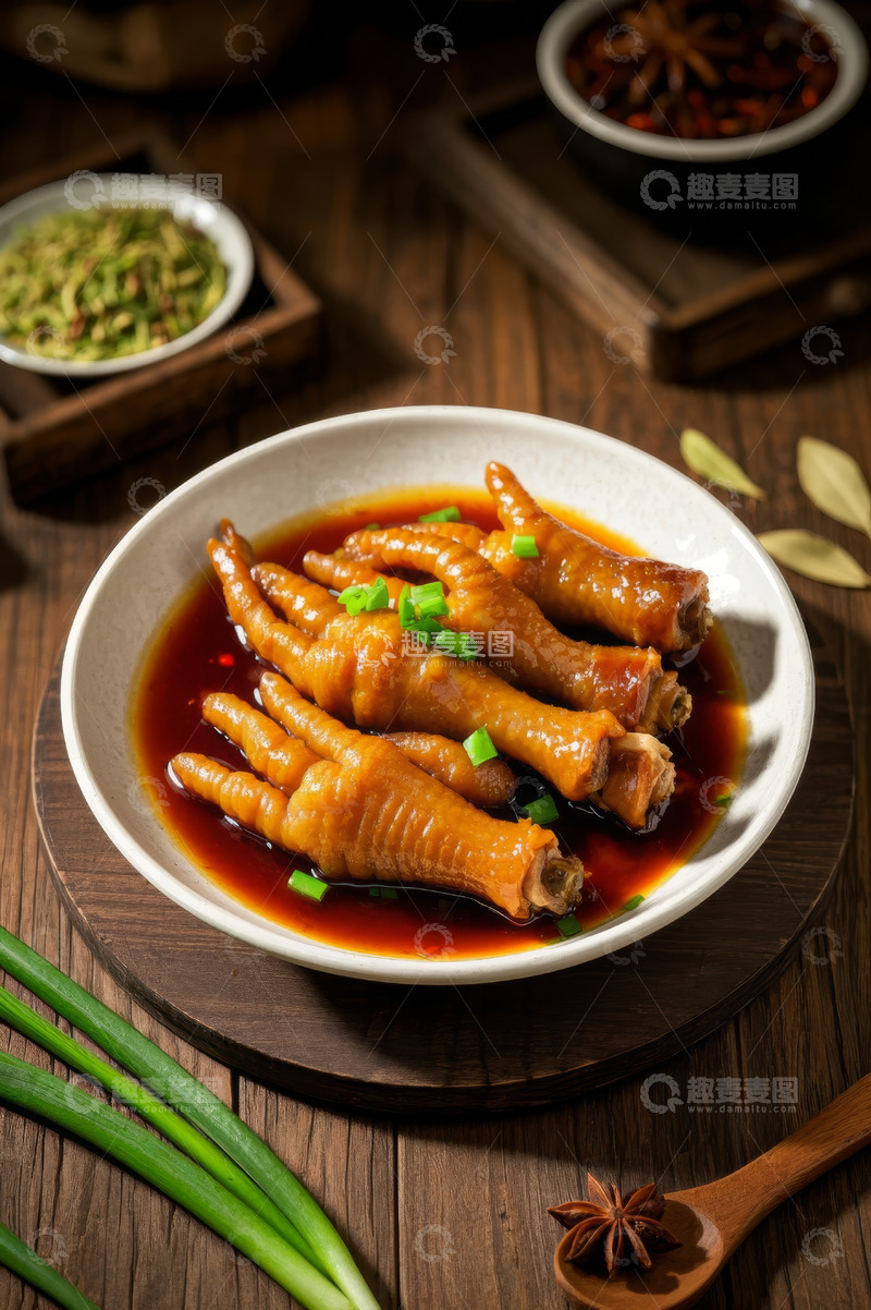 高清大图下载【趣麦麦图】木盘装卤鸡爪与调料背景