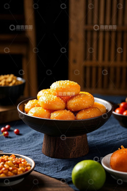 中式点心芝麻球摆盘特写