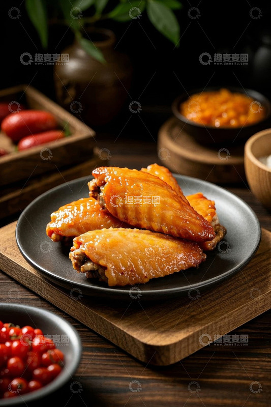 黑盘盛放的美味烤鸡翅