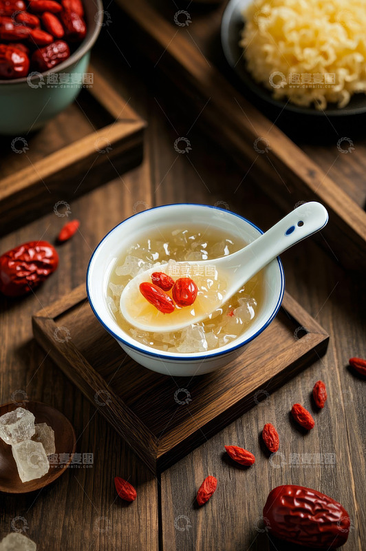 木桌上的枸杞银耳羹静物图