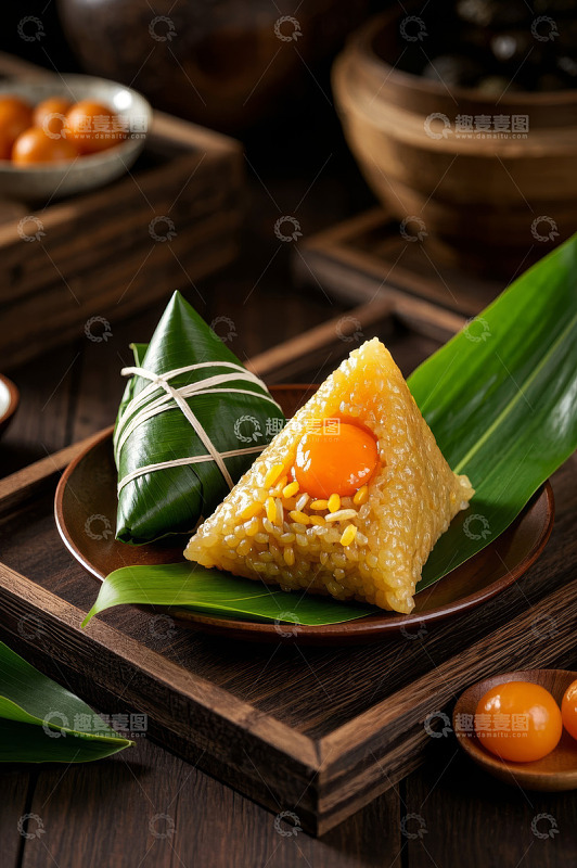 传统粽子与粽叶特写