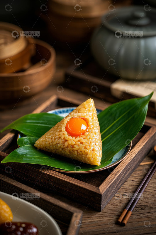 三角蛋黄粽置于粽叶上