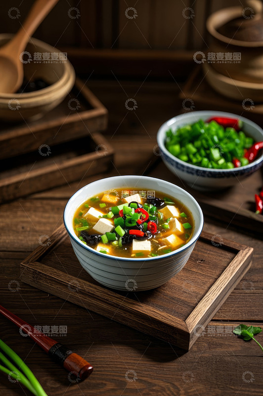 木桌上的豆腐汤及配菜
