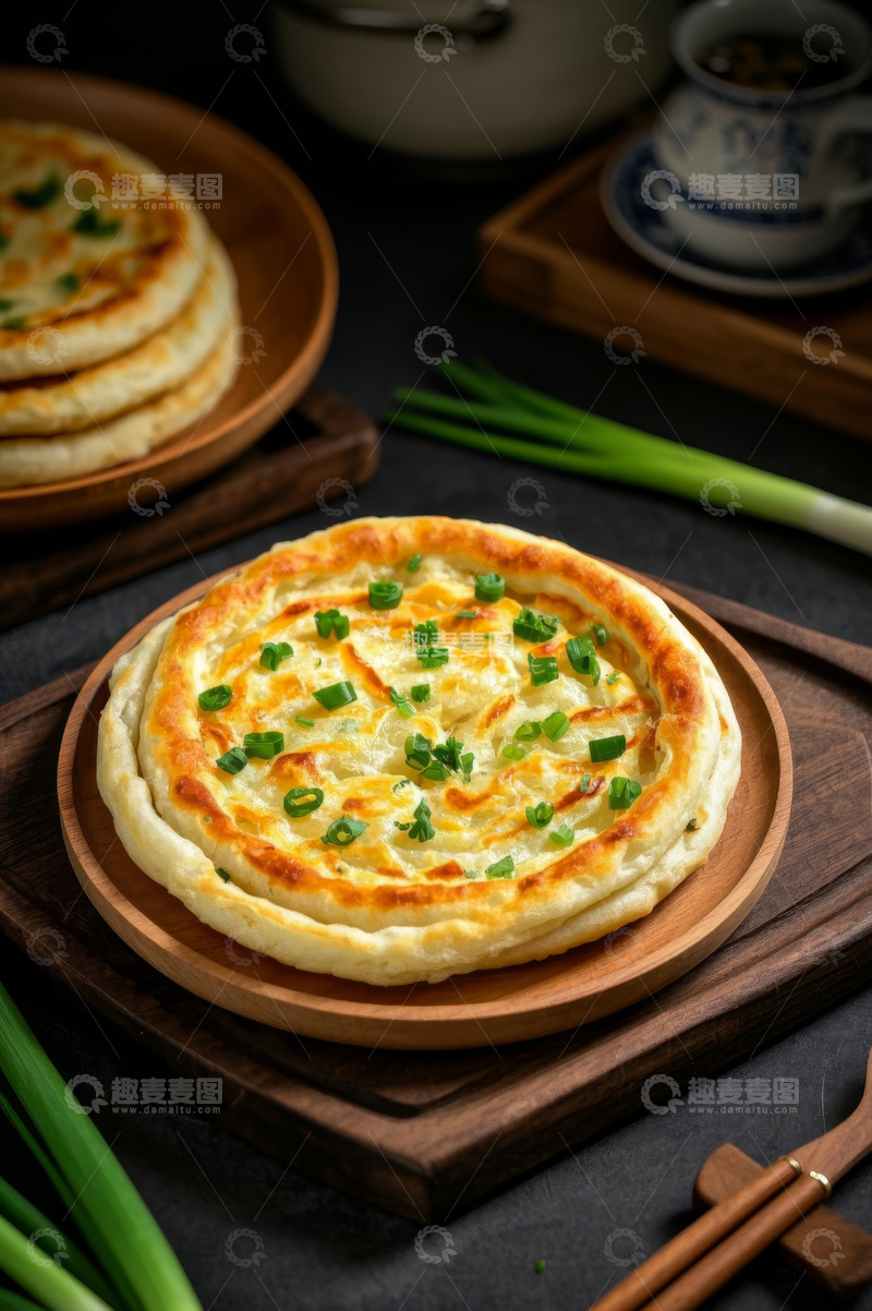 高清大图下载【趣麦麦图】木盘上摆放的葱花煎饼美食