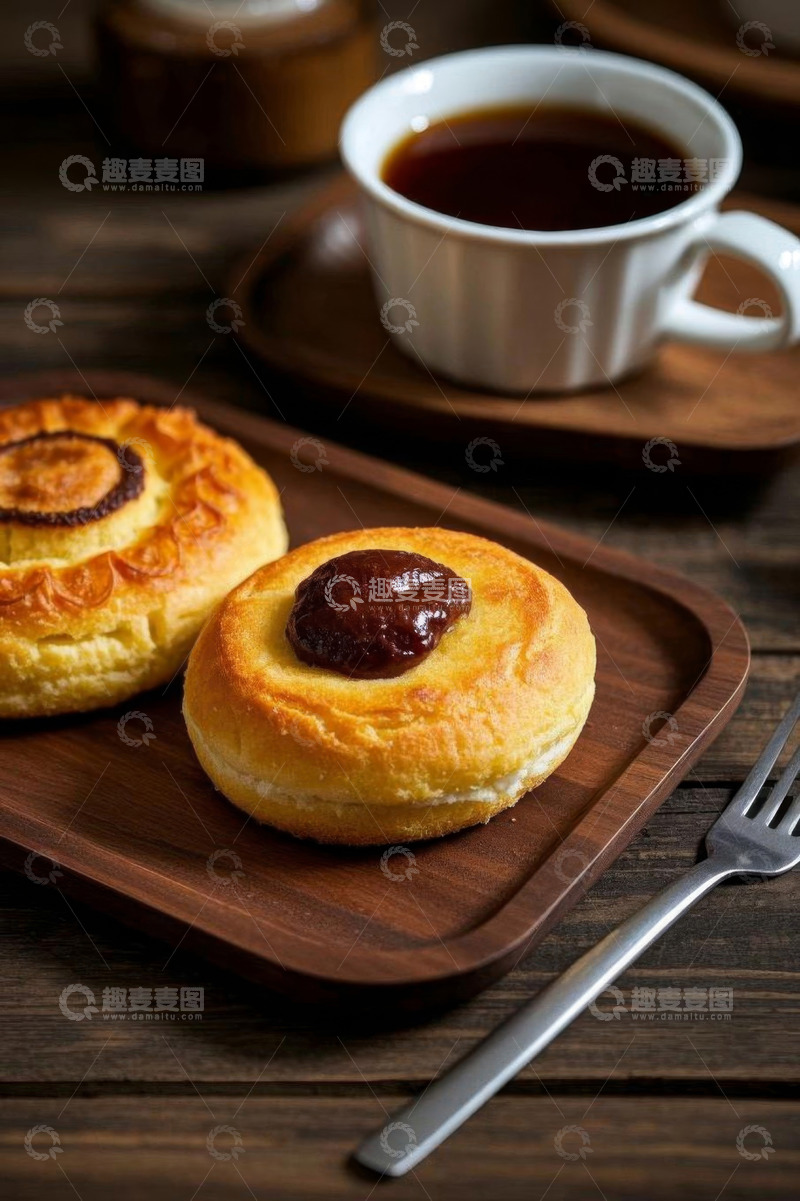高清大图下载【趣麦麦图】木盘上的面包与咖啡