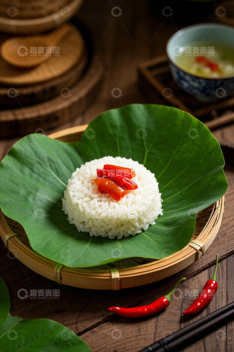 高清大图下载【趣麦麦图】竹盘绿叶上的辣椒点缀白米饭