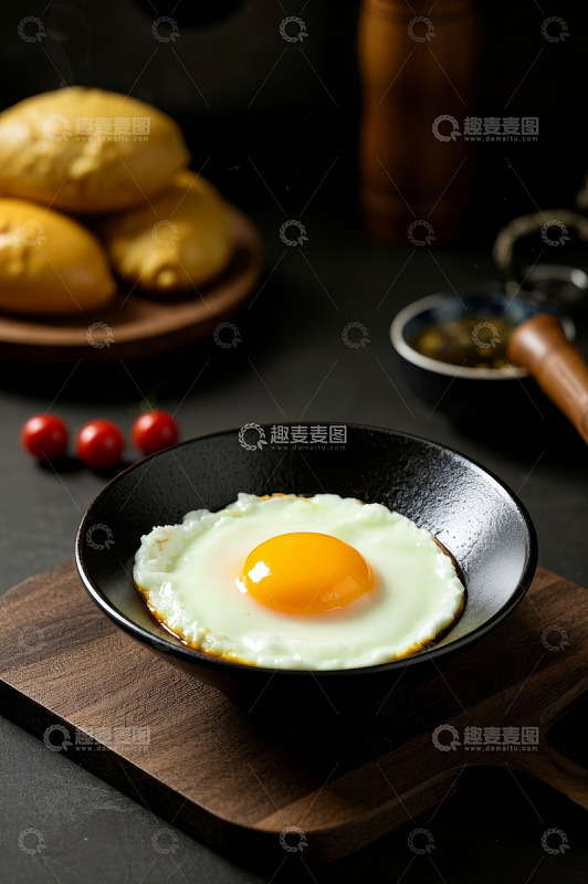 盘中煎蛋搭配面包与小番茄