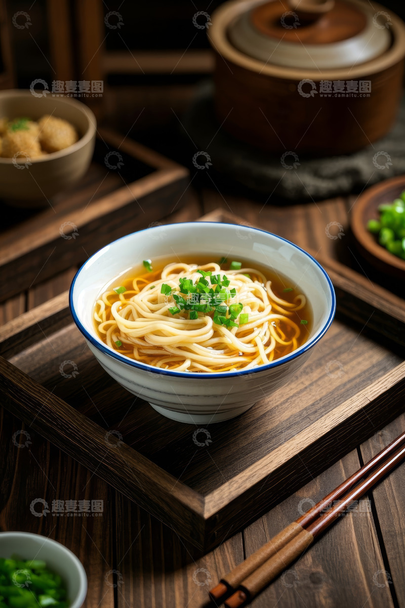 高清大图下载【趣麦麦图】木桌上摆放的葱花汤面