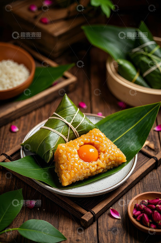传统粽子与食材静物展示