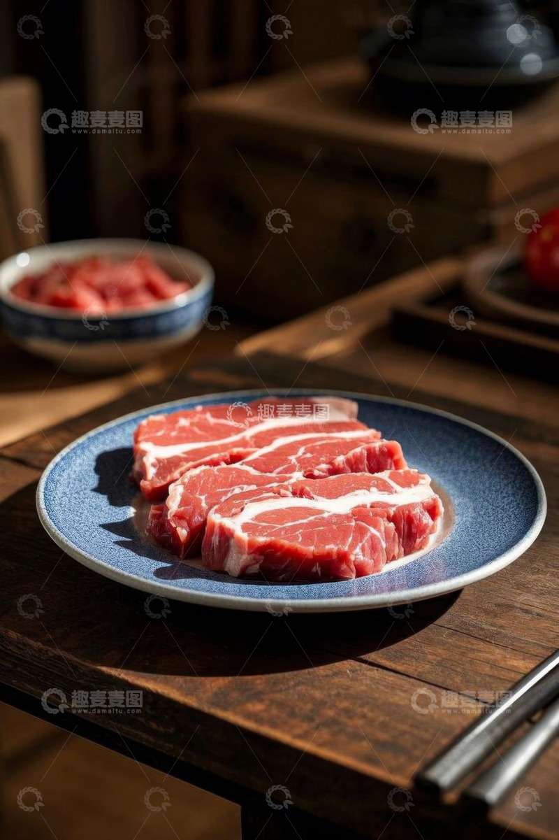 高清大图下载【趣麦麦图】中式木桌上的牛肉牛排摆盘