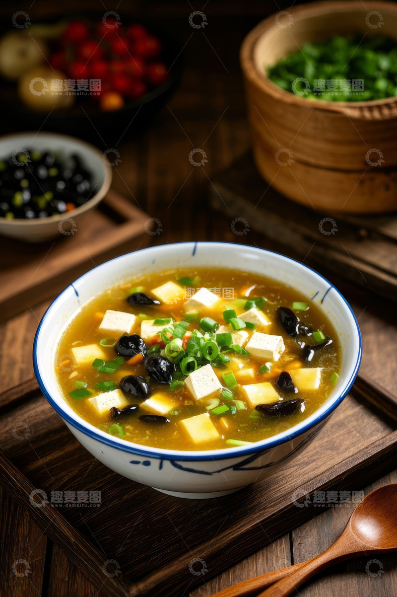 高清大图下载【趣麦麦图】木盘上的豆腐木耳汤美食