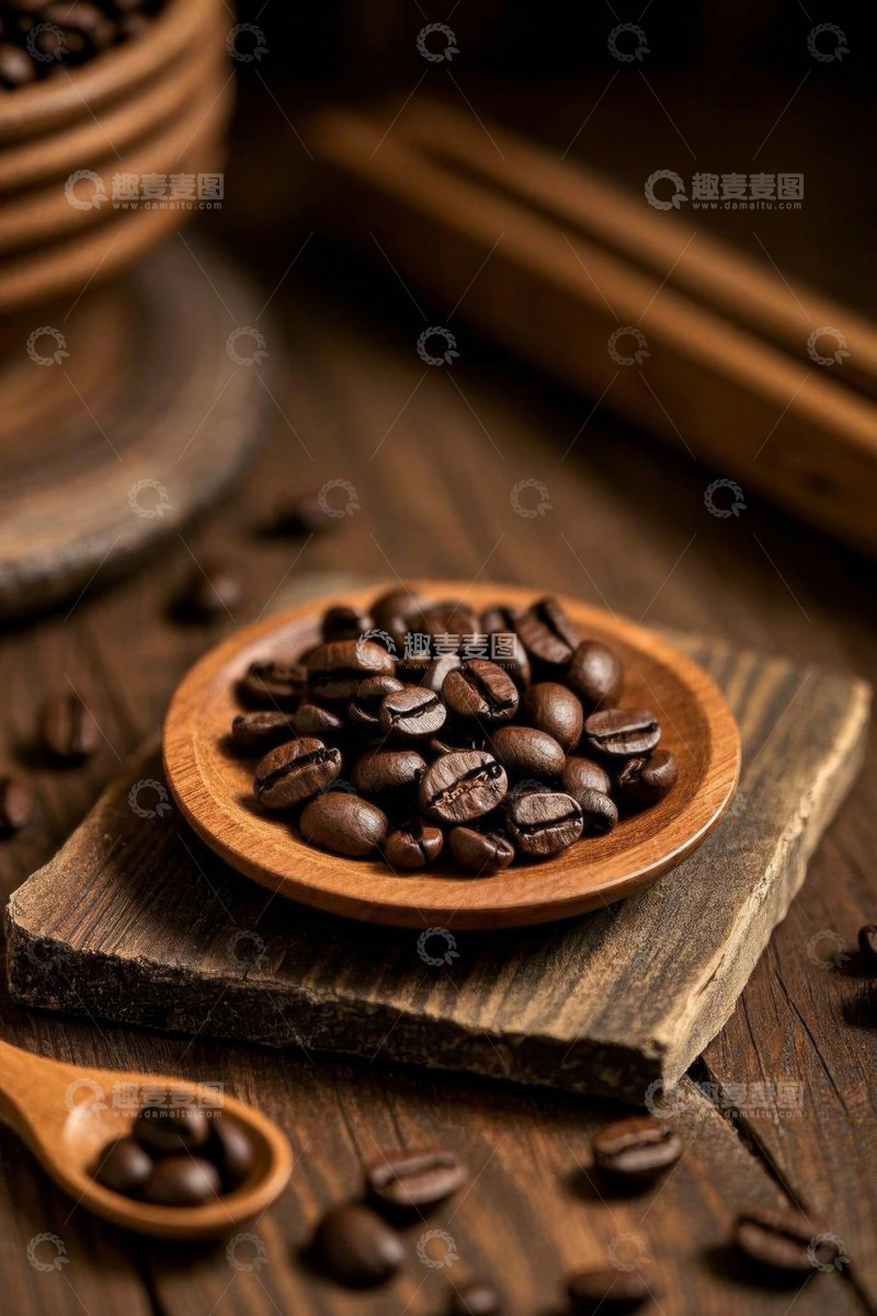 高清大图下载【趣麦麦图】木盘上的烘焙咖啡豆